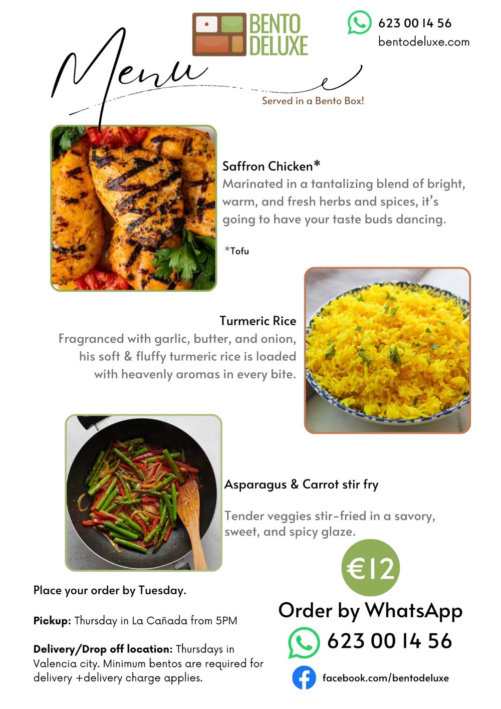 The Bento Deluxe menu card for 18 September 2025, listing Saffron Chicken, Turmeric Rice and Asparagus & Carrot Stir-Fry