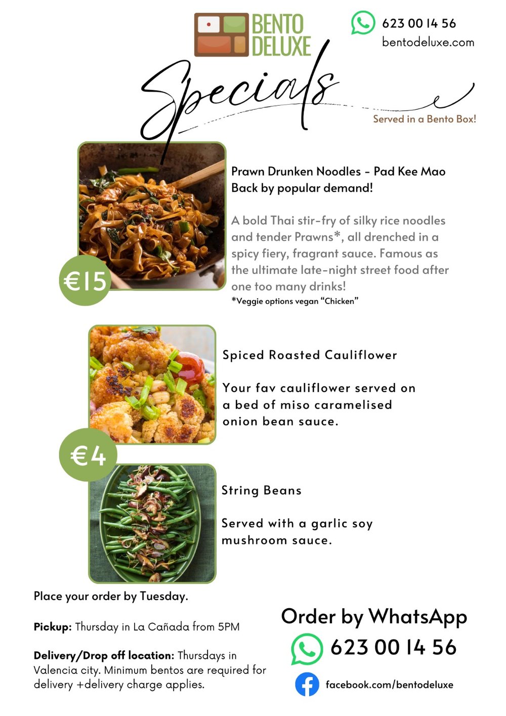 The Bento Deluxe sides card for 25 September 2025, listing Prawn Drunken Noodles, Spiced Roasted Cauliflower and String Beans