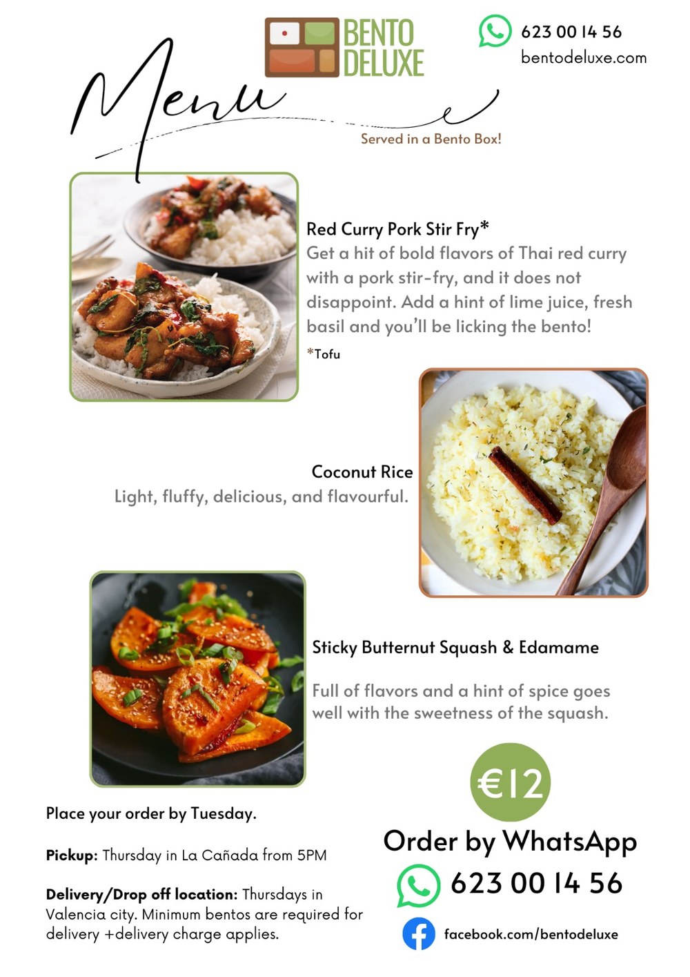 The Bento Deluxe menu card for 25 September 2025, listing Red Curry Pork Stir Fry, Sticky Butternut Squash & Edamame and Coconut Rice