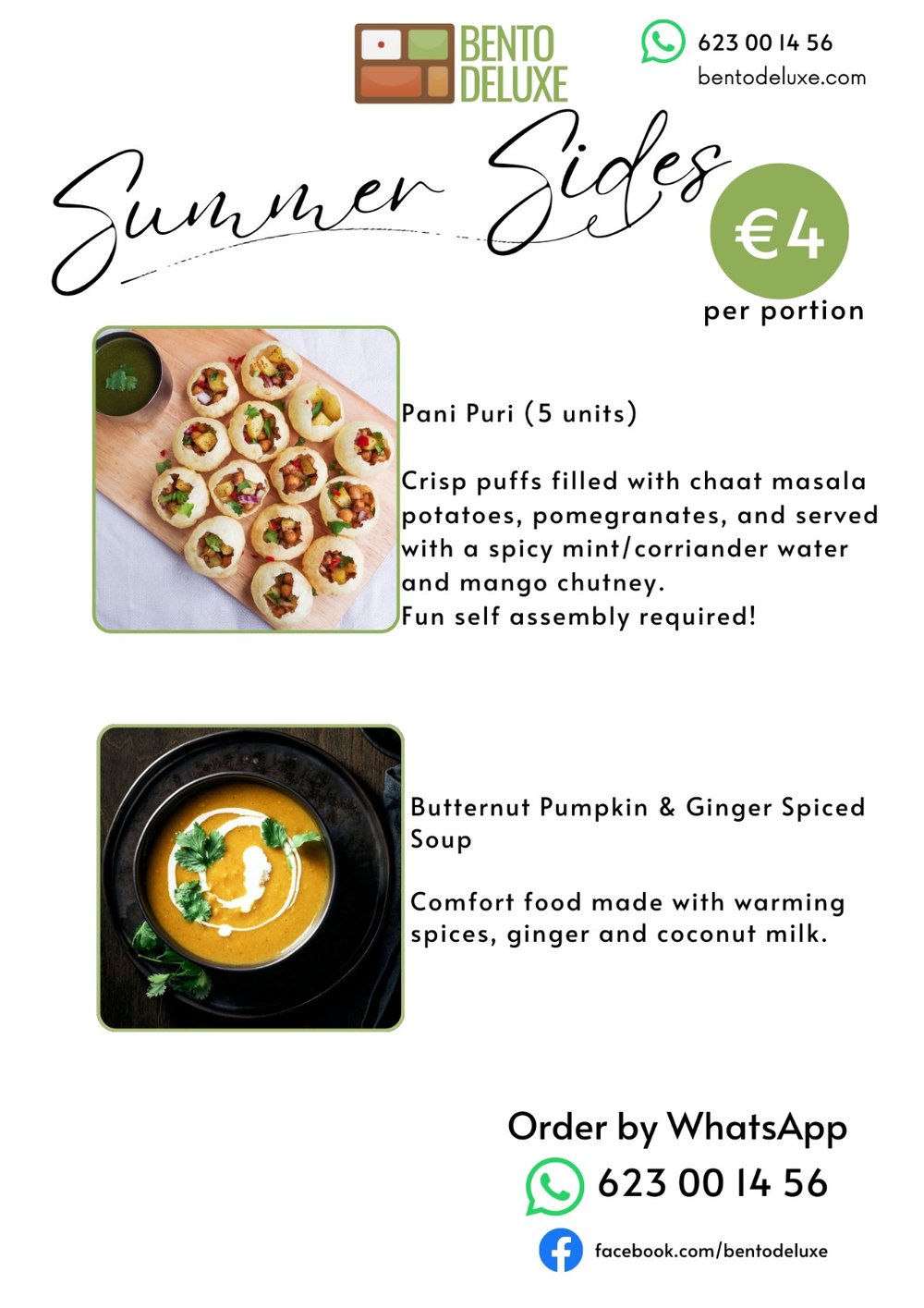 The Bento Deluxe sides card for 2 October 2025, listing Pani Puri and Butternut Pumpkin & Ginger Soup