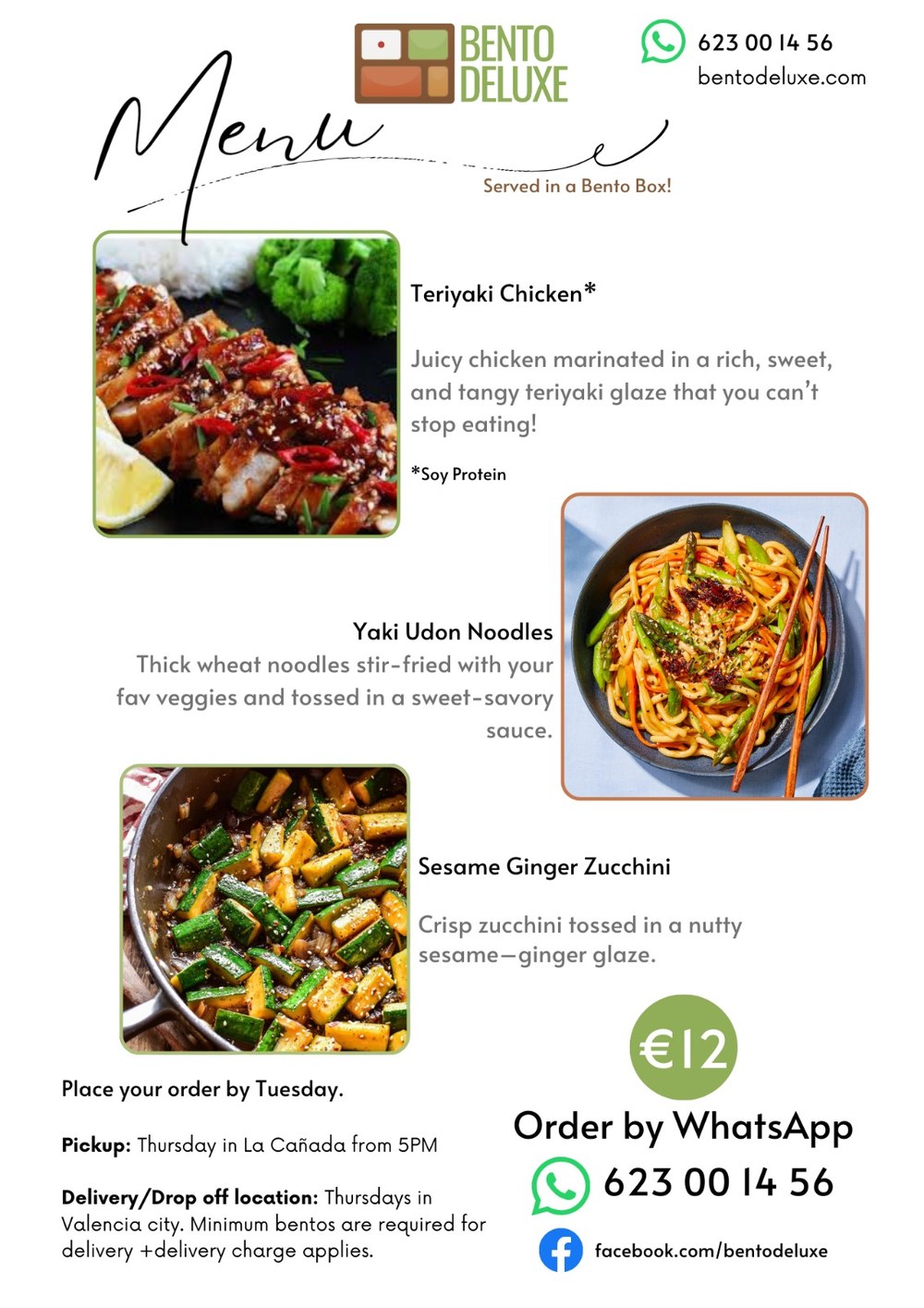 The Bento Deluxe menu card for 2 October 2025, listing Teriyaki Chicken, Yaki Udon Noodles, Sesame Ginger Zucchini and '"Chicken" Soy Protein'