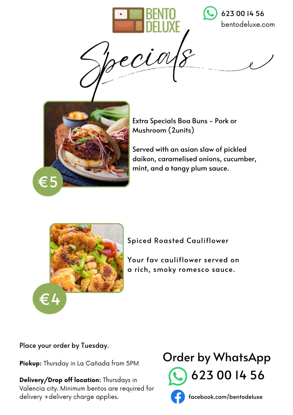 The Bento Deluxe sides card for 9 October 2025, listing Bao Buns, Spiced Roasted Cauliflower and Homemade Kimchi