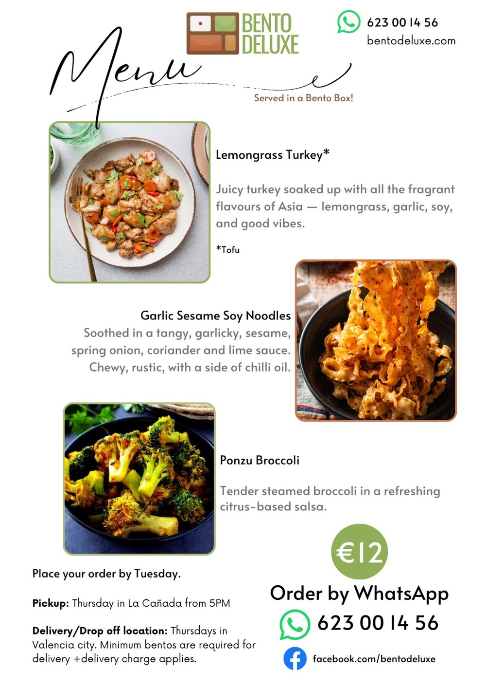 The Bento Deluxe menu card for 9 October 2025, listing Lemongrass Turkey, Garlic Sesame Soy Noodles and Ponzu Broccoli