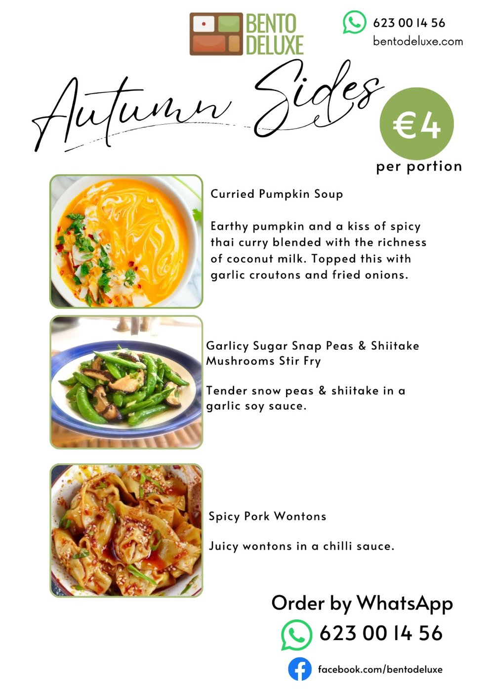 The Bento Deluxe sides card for 16 October 2025, listing Thai Curried Pumpkin Soup, Sugar Snap Peas & Shiitake Mushrooms Stir Fry and Spicy Pork Wontons