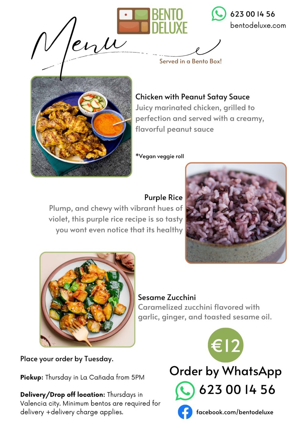 The Bento Deluxe menu card for 16 October 2025, listing Chicken with Peanut Satay Sauce, Purple Rice and Sesame Zucchini
