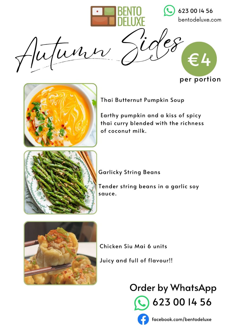 The Bento Deluxe sides card for 6 November 2025, listing Thai Butternut Pumpkin Soup, Garlicky String Beans and Chicken Siu Mai 6 units