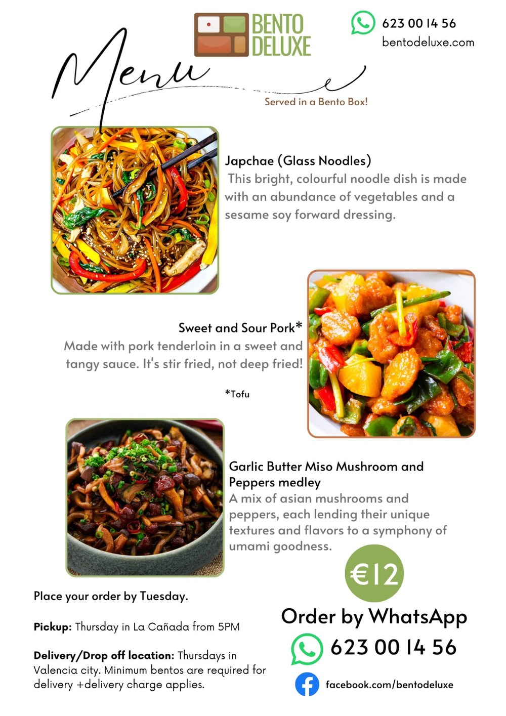 The Bento Deluxe menu card for 6 November 2025, listing Japchae (Glass Noodles), Sweet & Sour Pork and Garlic Butter Miso Mushrooms & Peppers