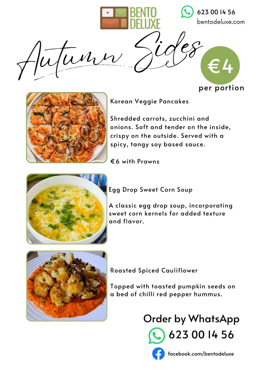 The Bento Deluxe sides card for 13 November 2025, listing Korean Veggie Pancakes ( with prawns), Egg Drop Sweet Corn Soup ( with chicken breast) and Harissa Roasted Cauliflower