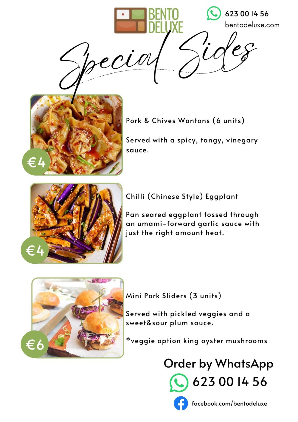 The Bento Deluxe sides card for 20 November 2025, listing Pork and Chives Chilli Wontons, Asian Style Eggplant & chilli garlic and Mini Pork (mushroom) sliders