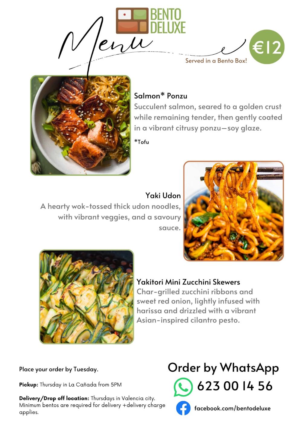 The Bento Deluxe menu card for 20 November 2025, listing Salmon Ponzu, Yaki Udon and Yakitori Mini Zucchini Skewers