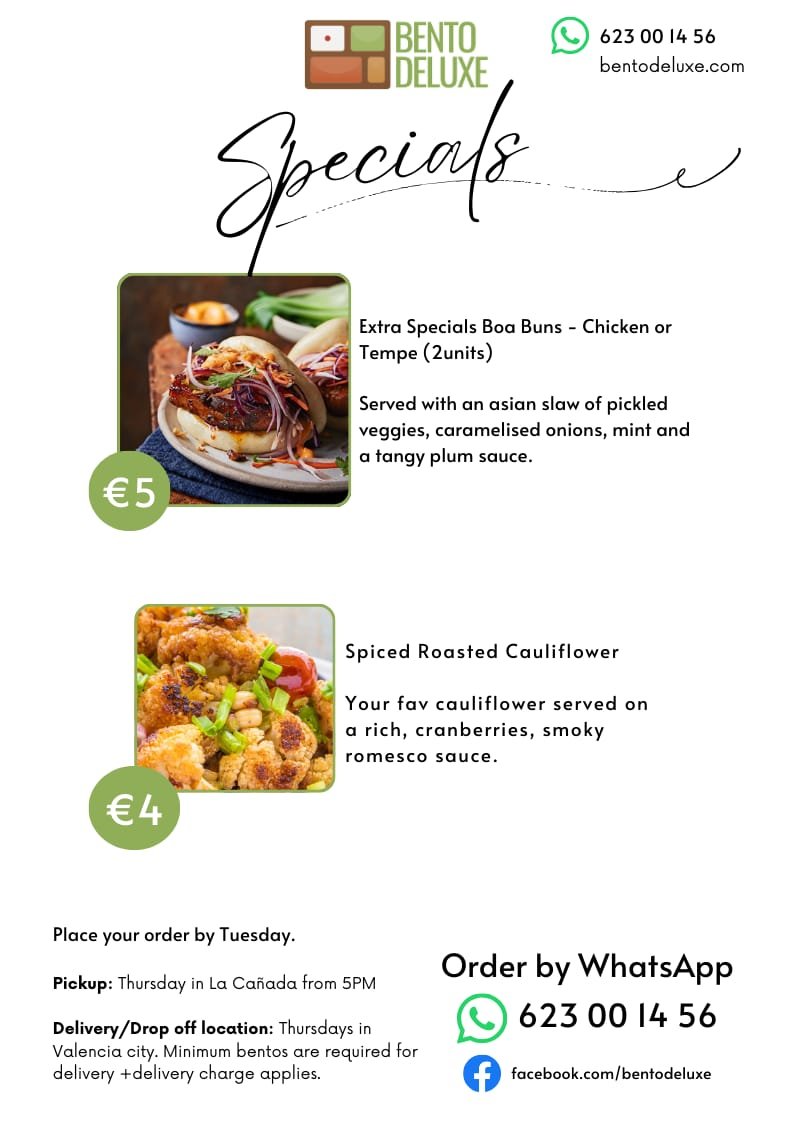 The Bento Deluxe sides card for 27 November 2025, listing Boa Buns Chicken or Tempeh and Spiced roasted cauliflower