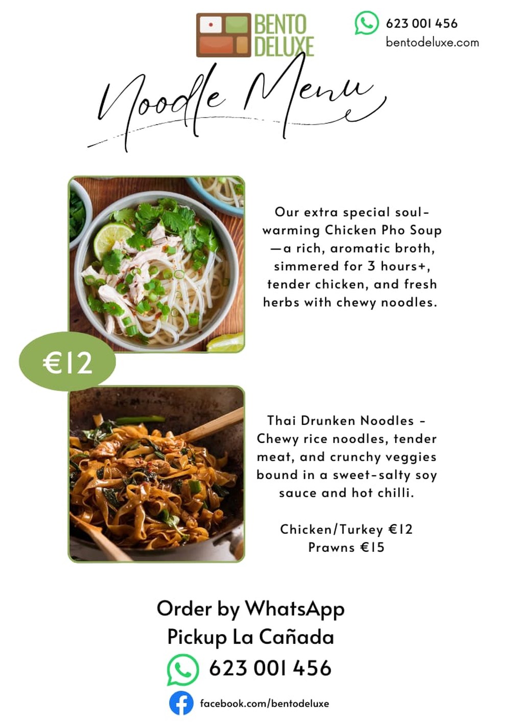The Bento Deluxe menu card for 27 November 2025, listing Chicken Pho, Spicy Drunken Noodles, Chicken/Veggie and Prawns