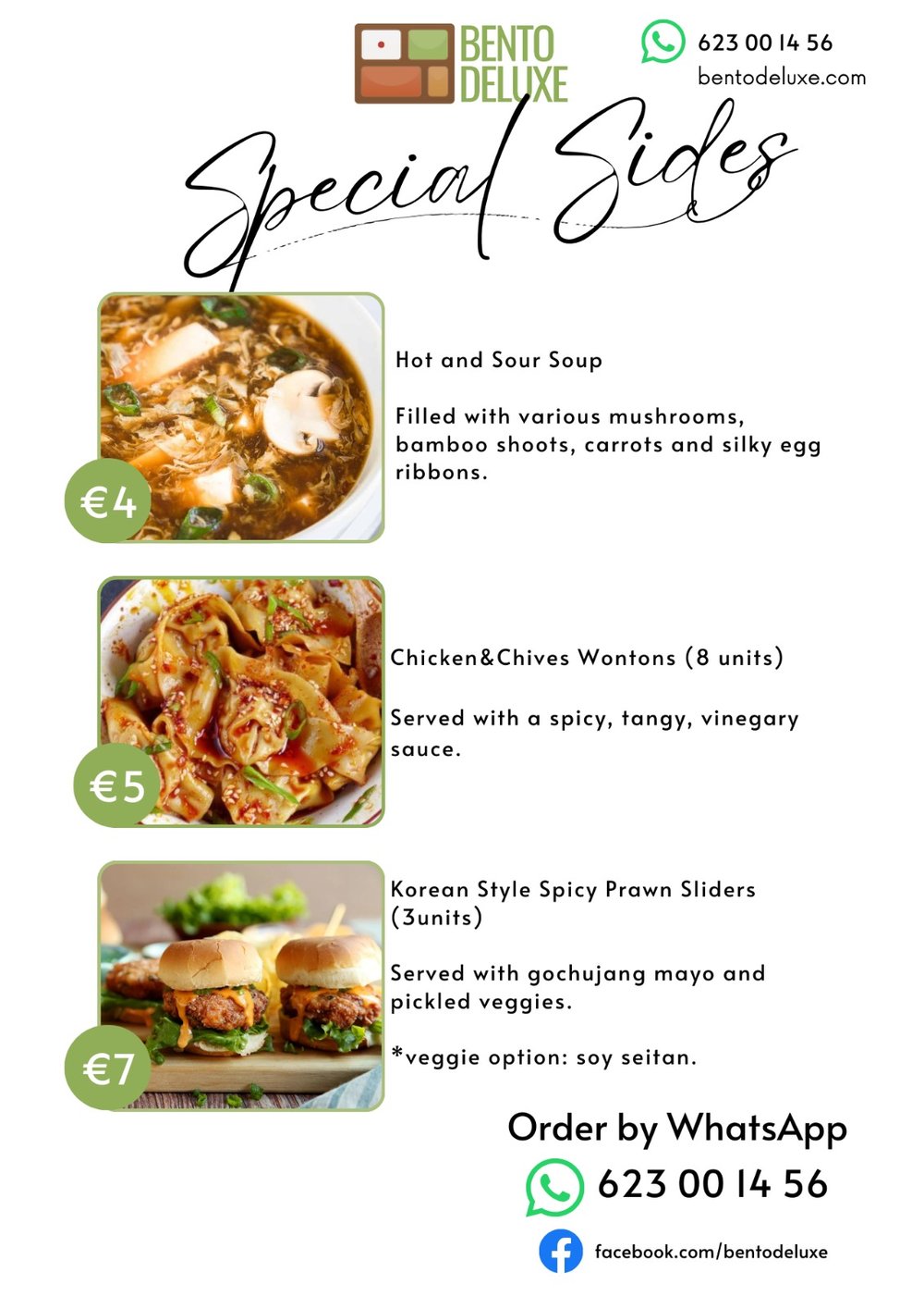 The Bento Deluxe sides card for 4 December 2025, listing Hot and Sour Soup, Chicken&Chives Wontons (8 units) and Korean Style Spicy Prawn Sliders (3units)