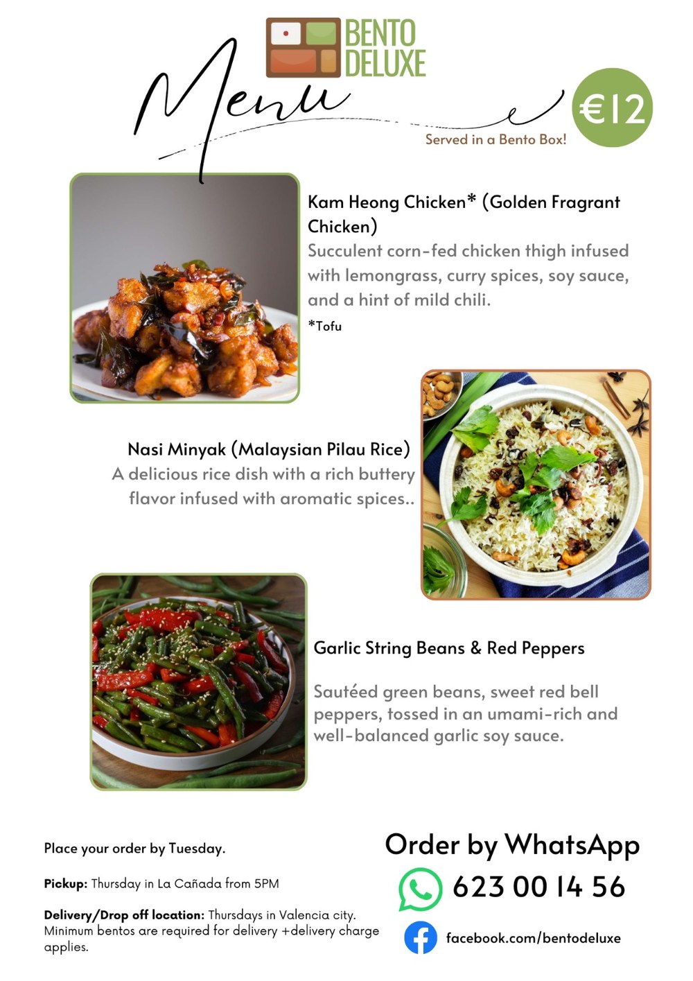 The Bento Deluxe menu card for 4 December 2025, listing Kam Heong Chicken (Fragrant Chicken), Nasi Minyak and Garlic String Beans & Red Peppers