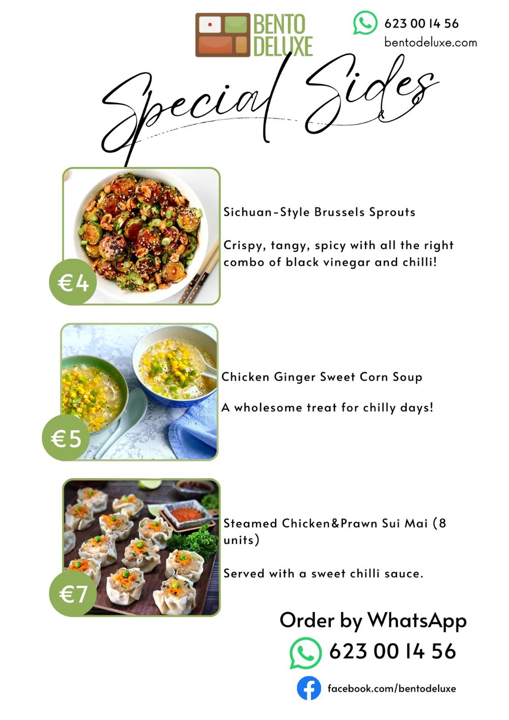 The Bento Deluxe sides card for 11 December 2025, listing Sichuan Style Brussels Sprouts, Chicken Ginger SweetCorn Soup and Chicken&Prawns Sui Mai