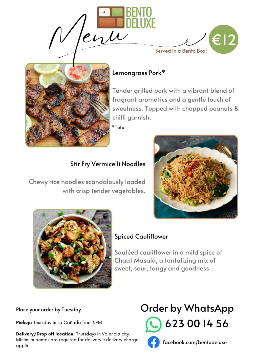 The Bento Deluxe menu card for 11 December 2025, listing Lemongrass Pork/Tofu, Stir-Fry Vermicelli Noodles and Spiced Cauliflower