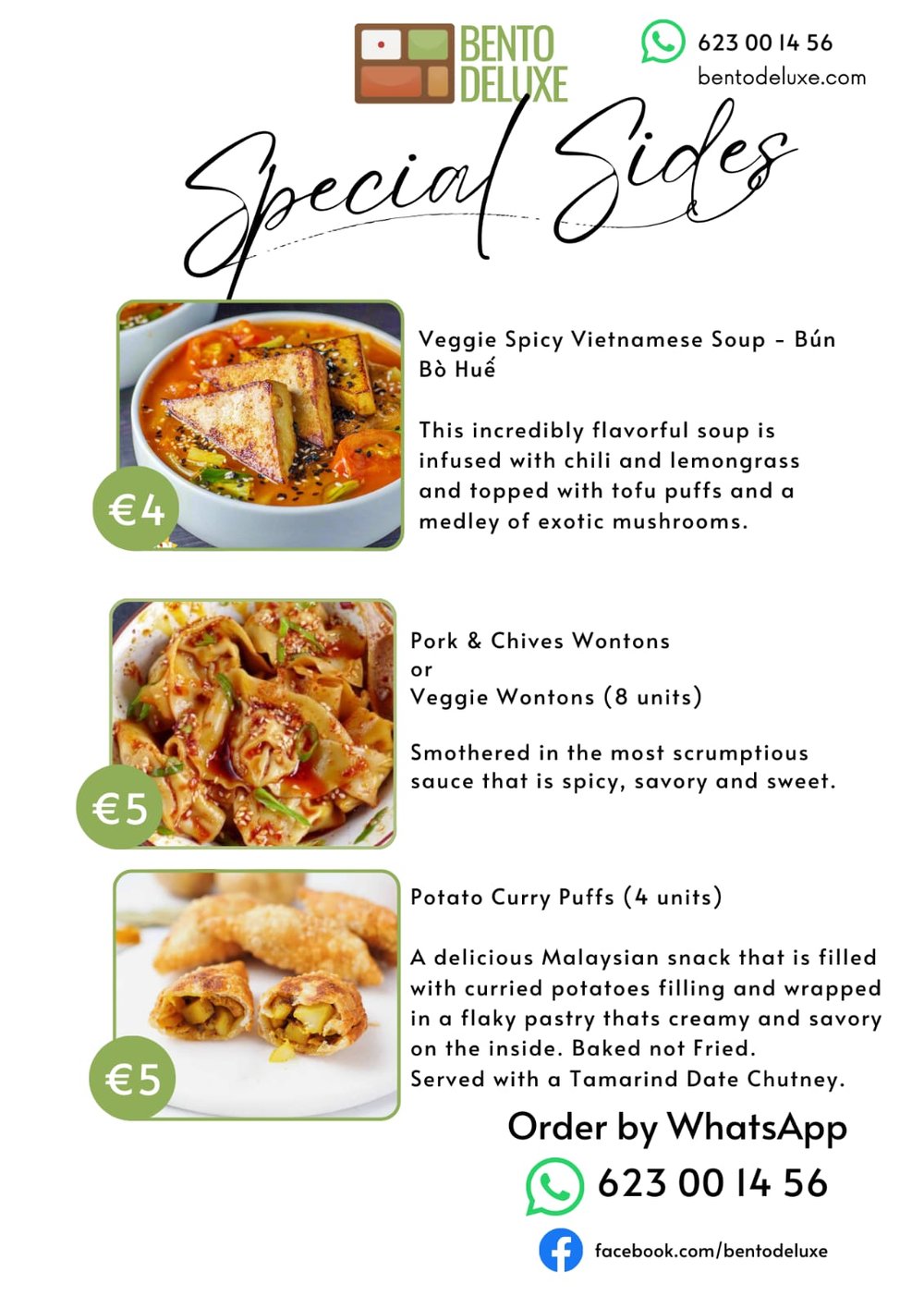 The Bento Deluxe sides card for 18 December 2025, listing Spicy Vietnamese Lemongrass Mushroom Soup, Pork and Chives Wontons, Curry Puff Pastry and Homemade Kimchi