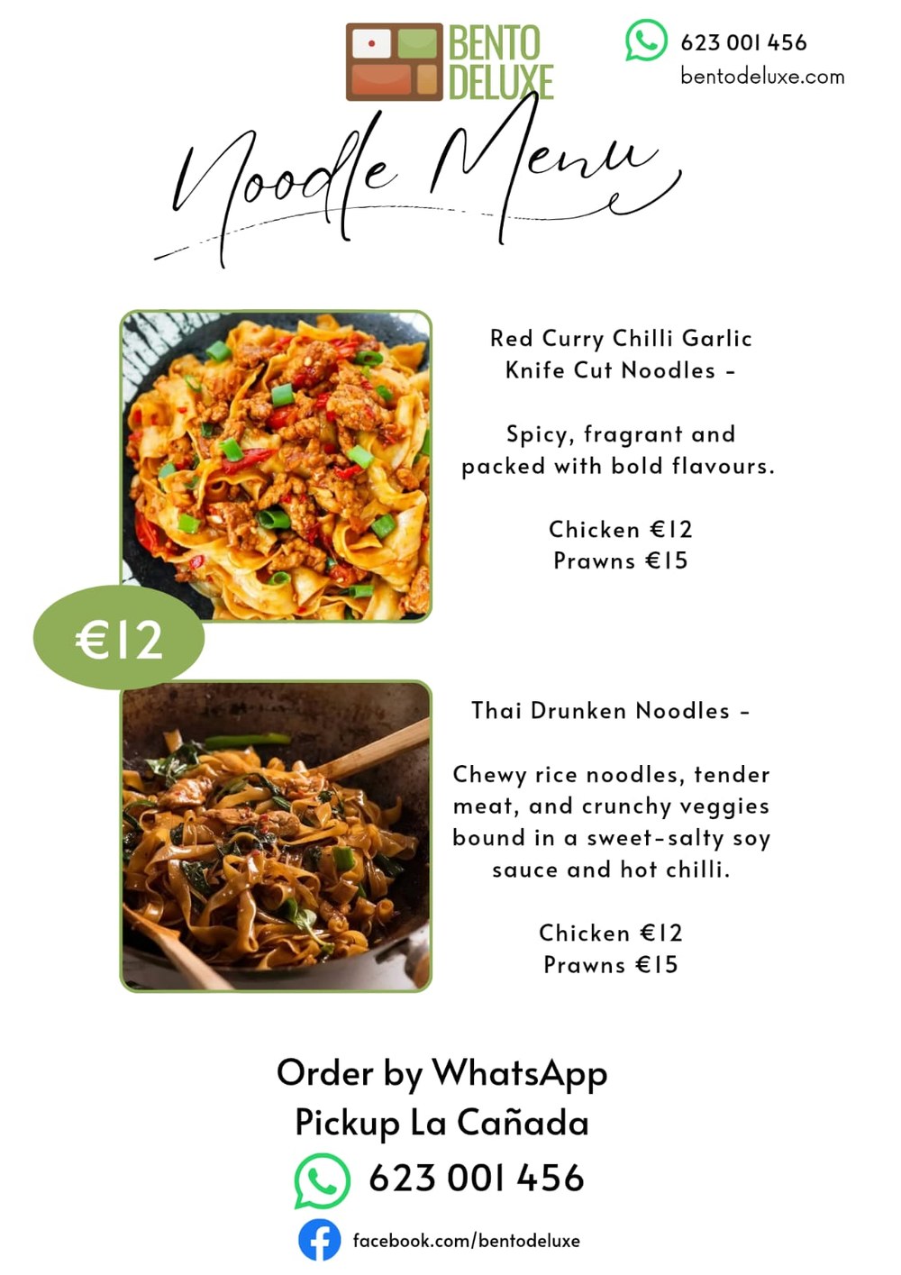 The Bento Deluxe menu card for 18 December 2025, listing Red curry garlic knife cut noodles and Drunken Noodles