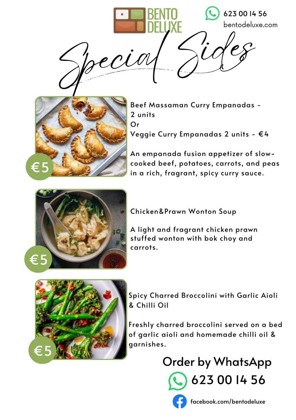 The Bento Deluxe sides card for 15 January 2026, listing Beef Massaman Curry Empanadas, Chicken and Prawn Wonton Soup and Spicy Charred Broccolini
