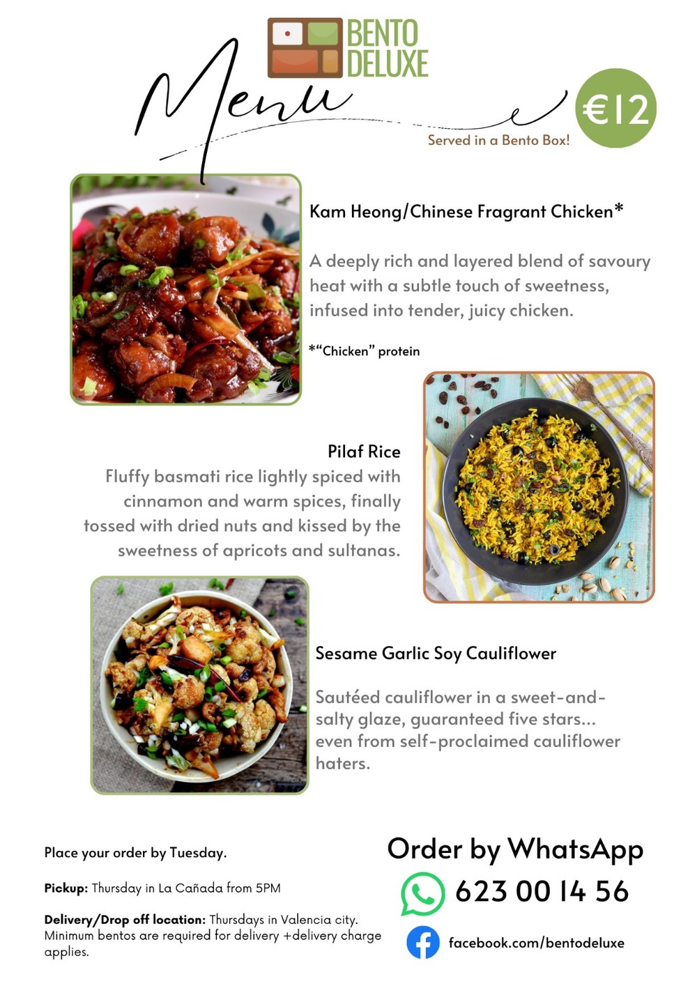 The Bento Deluxe menu card for 15 January 2026, listing Chinese Fragrant Chicken, Pilaf Rice and Sesame Garlic Soy Cauliflower