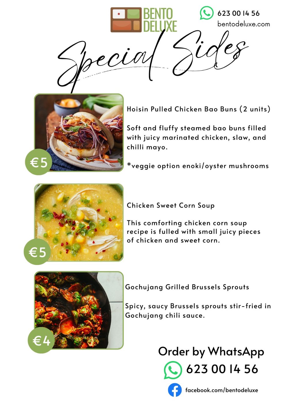 The Bento Deluxe sides card for 22 January 2026, listing Hoisin Pulled Chicken Or Veggie Bao Buns (2 units), Chicken Sweet Corn Soup and Gochujang Grilled Brussels Sprouts