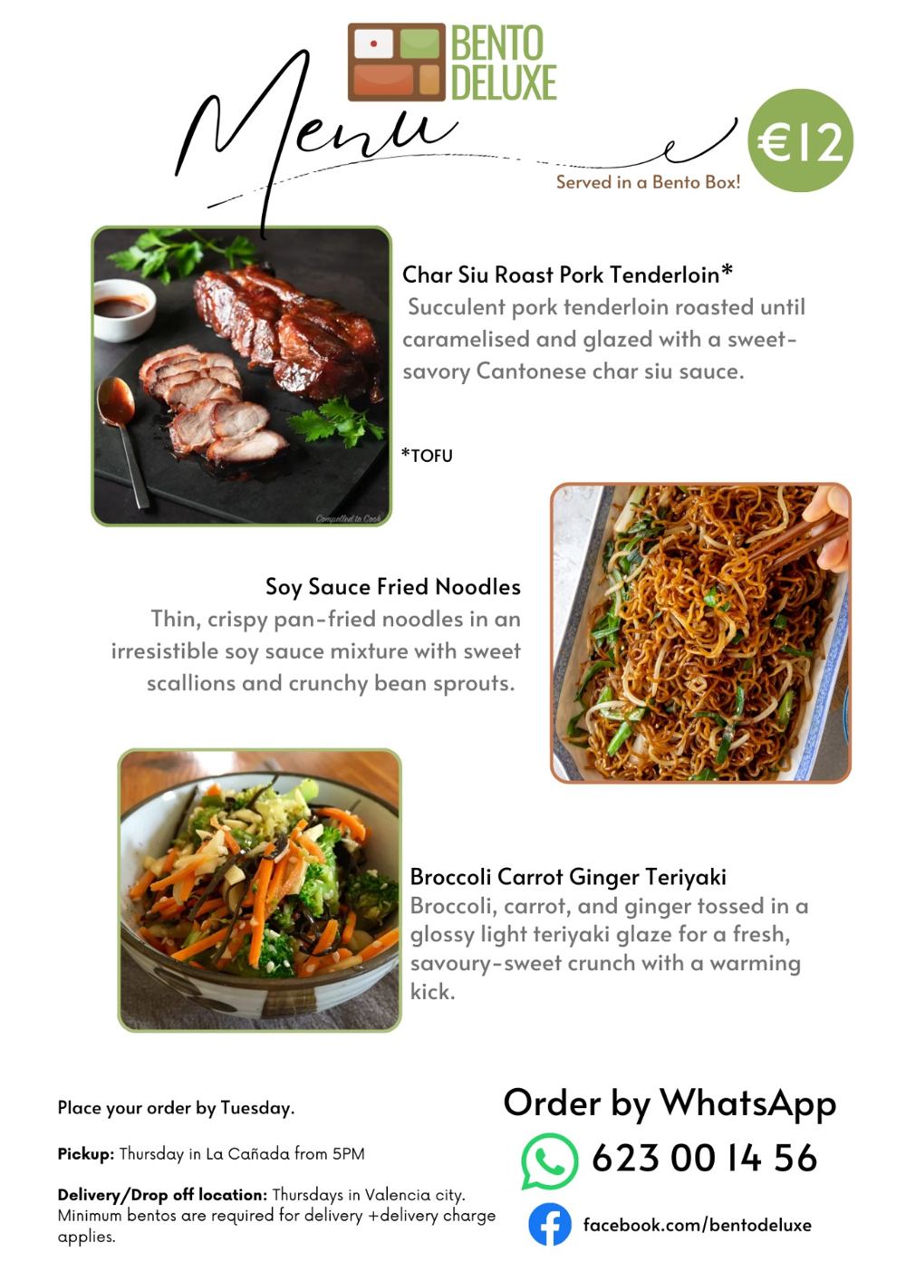 The Bento Deluxe menu card for 22 January 2026, listing Char Siu Roast Pork Tenderloin, Soy Sauce Fried Noodles and Broccoli, Carrot & Ginger Teriyaki