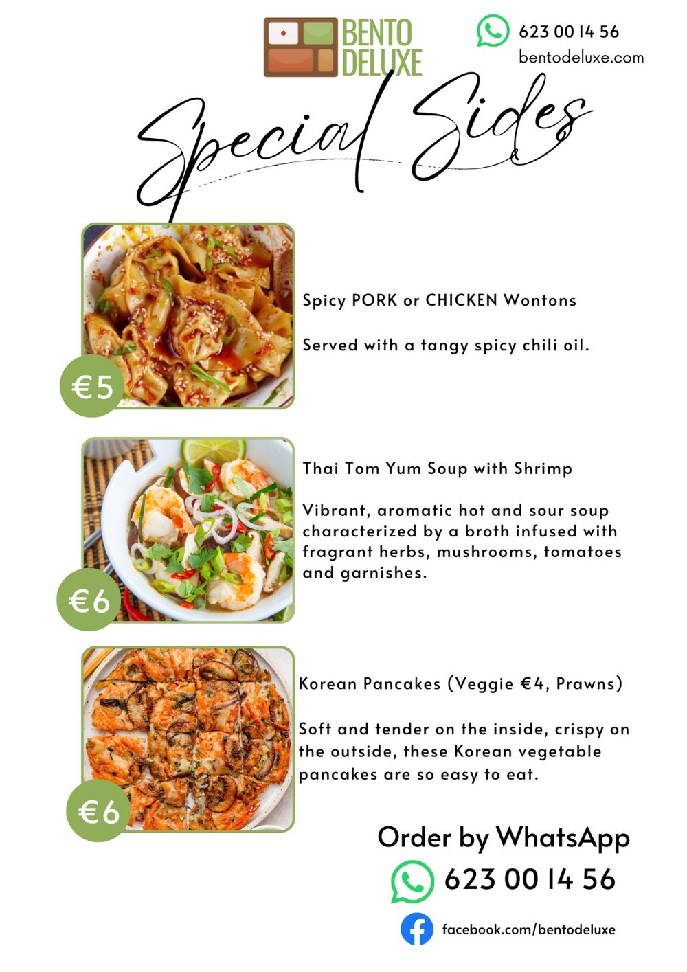 The Bento Deluxe sides card for 29 January 2026, listing Spicy Pork or Chicken Wontons, Thai Tom Yum Soup and Korean Pancakes