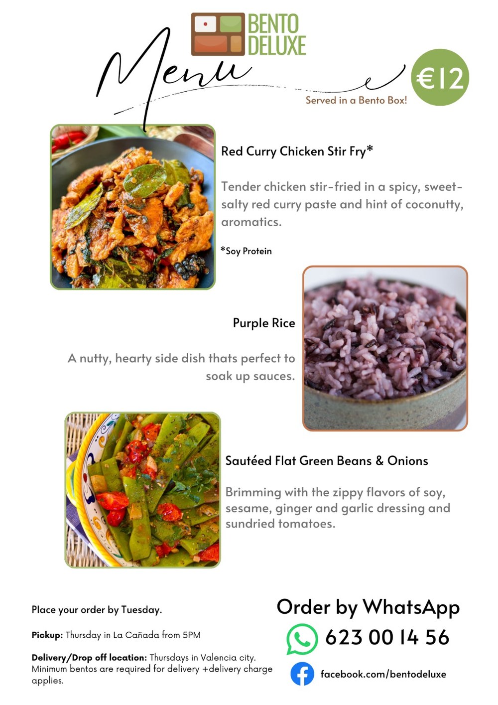 The Bento Deluxe menu card for 29 January 2026, listing Red Curry Chicken Stir-Fry, Purple Rice and Sautéed Flat Green Beans & Onions