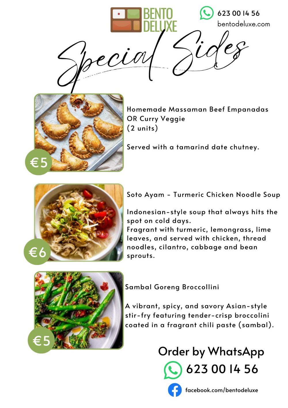 The Bento Deluxe sides card for 5 February 2026, listing Massaman Beef Empanadas, Soto Ayam and Sambal Goreng Broccolini