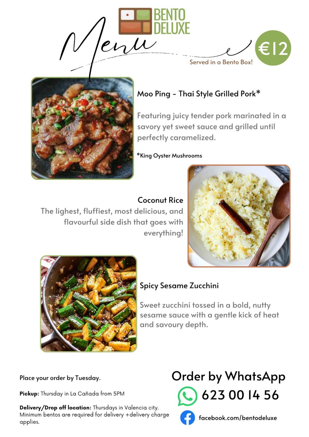 The Bento Deluxe menu card for 5 February 2026, listing Moo Ping, Thai Style Grilled Pork, Coconut Rice and Spicy Sesame Zucchini