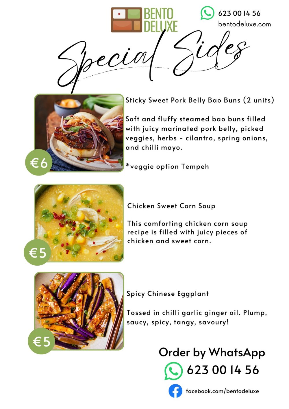 The Bento Deluxe sides card for 12 February 2026, listing Pork Boa Buns or Tempeh, Chicken Sweet Corn Soup and Spicy Chinese Eggplants