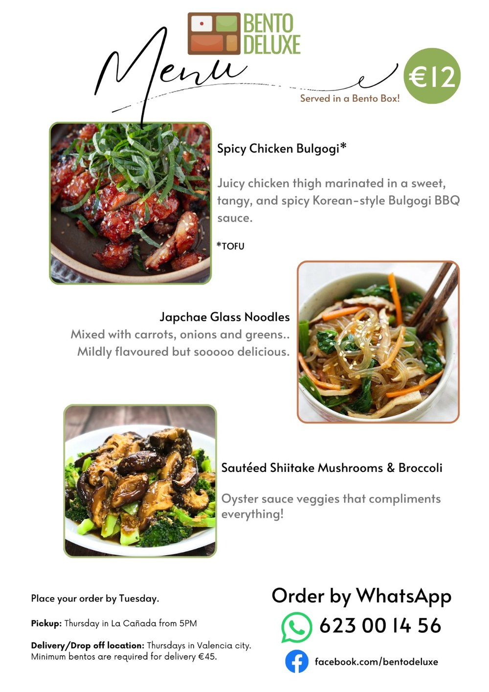 The Bento Deluxe menu card for 12 February 2026, listing Spicy Chicken Bulgogi, Japchae Glass Noodles and Sautéed Shiitake Mushrooms & Broccoli