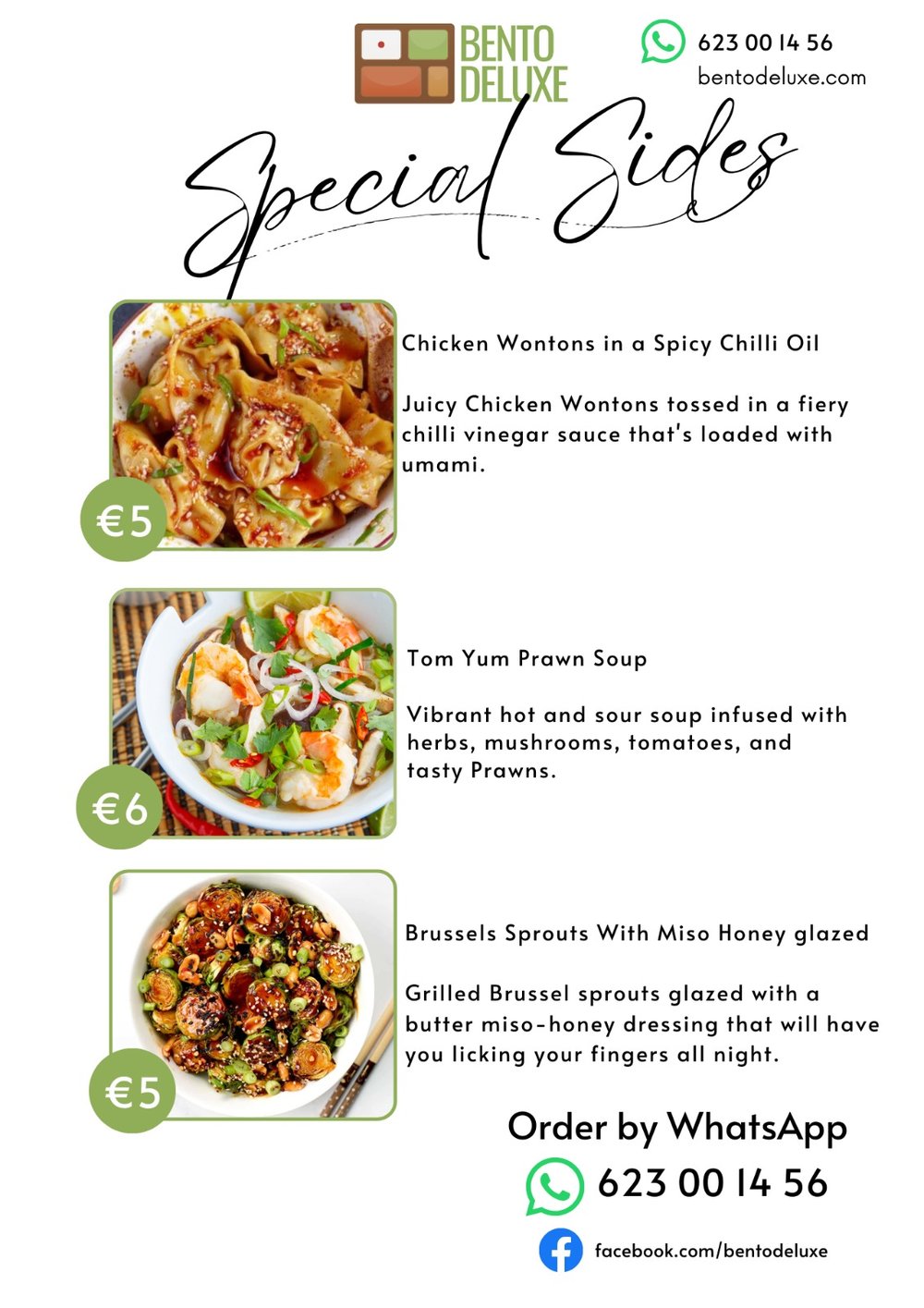 The Bento Deluxe sides card for 19 February 2026, listing Spicy Chicken Wontons, Tom Yum Prawn Soup and Miso Honey-Glazed Brussels Sprouts