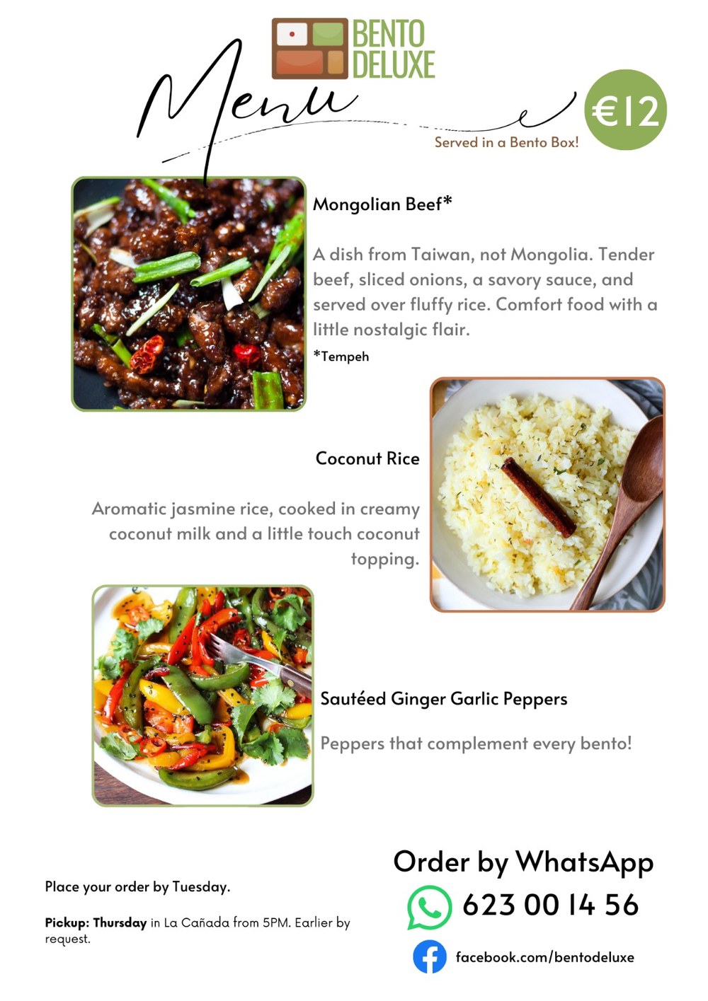 The Bento Deluxe menu card for 19 February 2026, listing Mongolian Beef, Coconut Rice and Sautéed Ginger Garlic Peppers