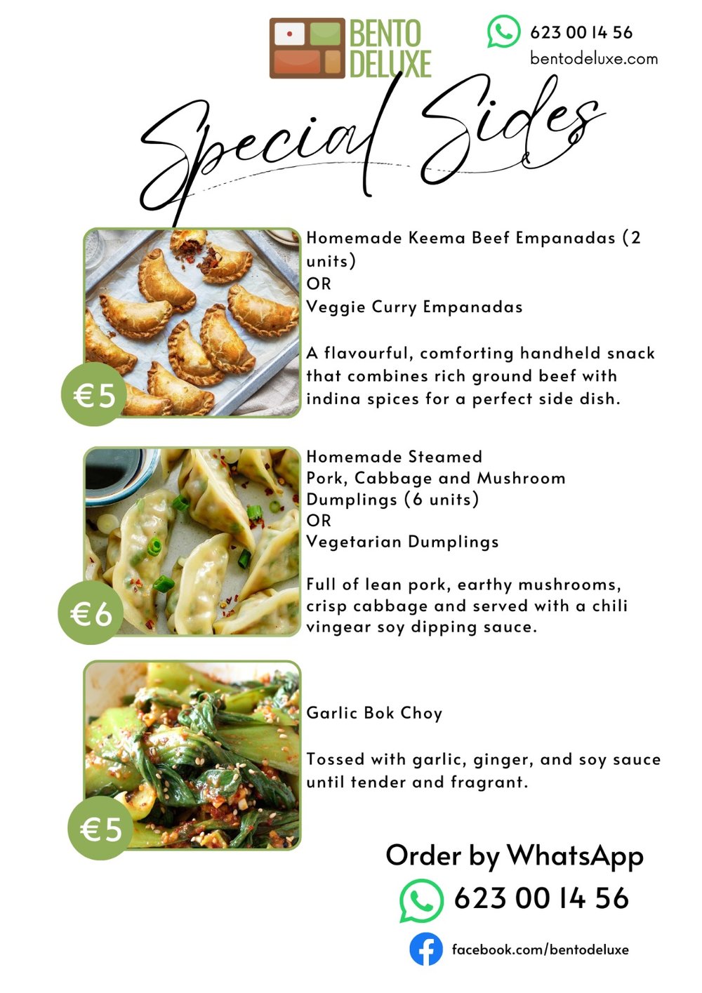 The Bento Deluxe sides card for 26 February 2026, listing Keema Beef Empanadas, Homemade Steamed Dumplings, Garlic Bok Choy and Homemade Kimchi