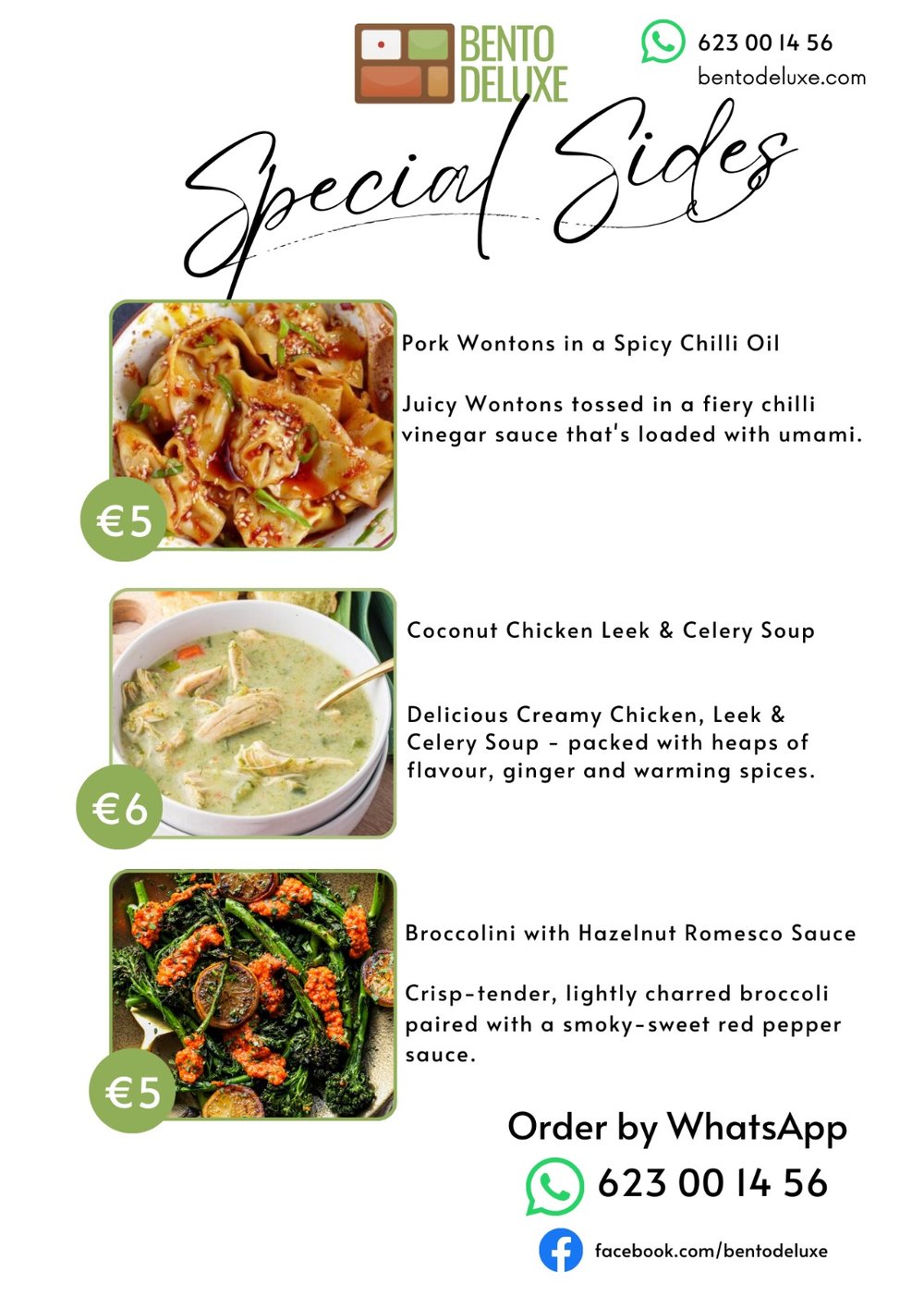 The Bento Deluxe sides card for 5 March 2026, listing Homemade Pork Wontons, Coconut Chicken, Leek and Celery Soup, Broccolini with Hazelnut Romesco Sauce and Homemade Kimchi
