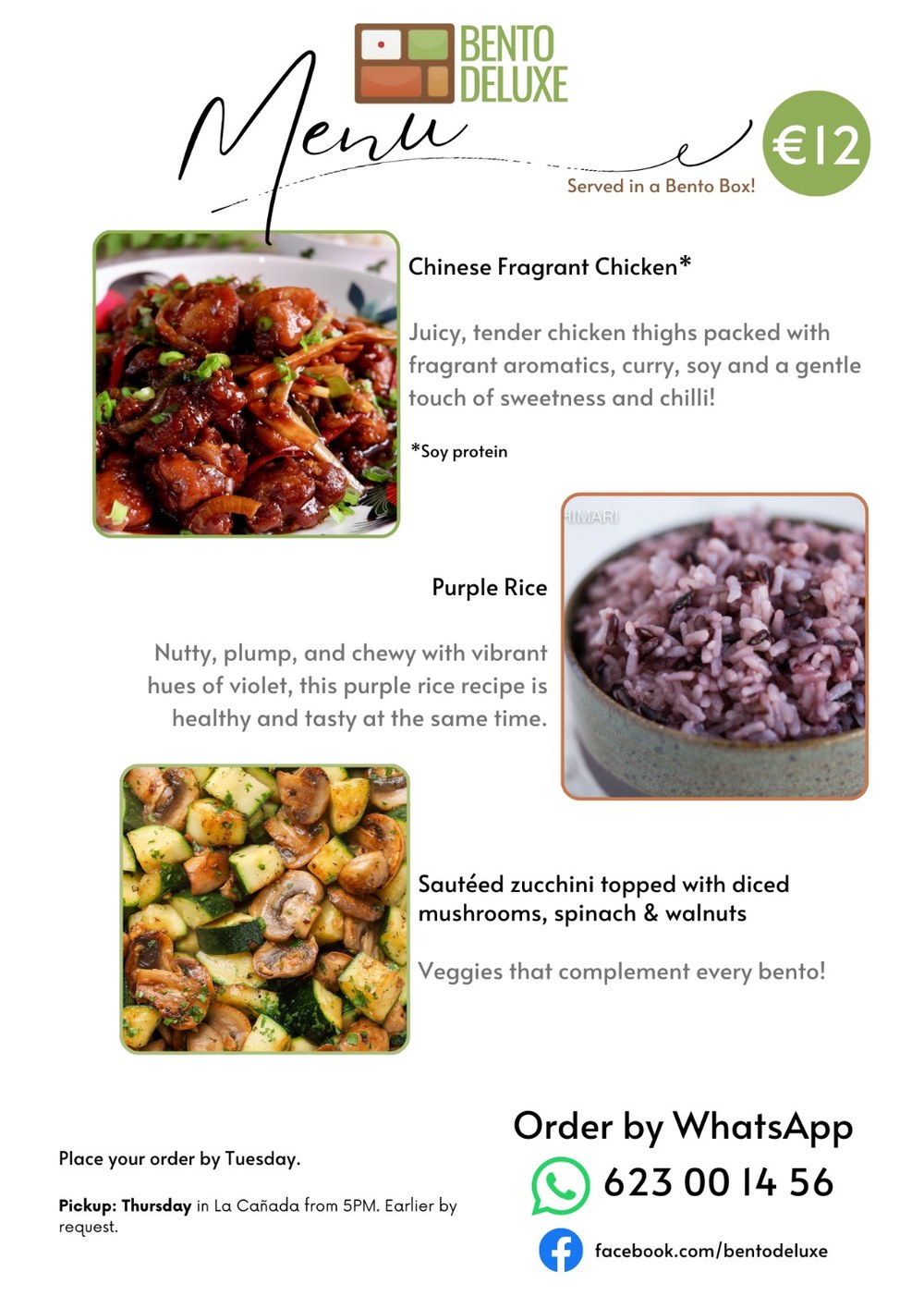 The Bento Deluxe menu card for 5 March 2026, listing Kam Heong Chicken, Purple Rice and Sautéed Zucchini