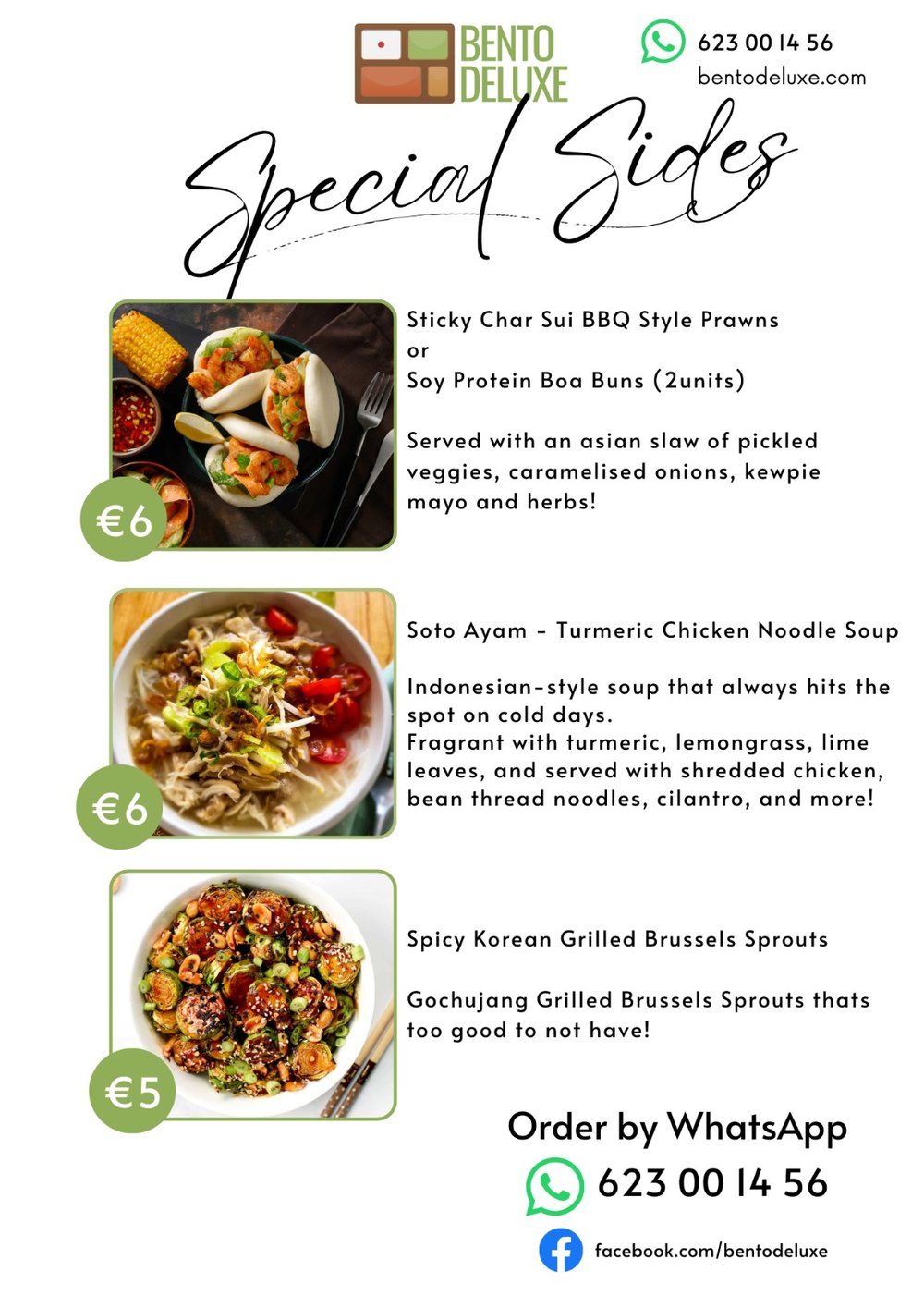 The Bento Deluxe sides card for 12 March 2026, listing Sticky Char Sui BBQ Style Prawns (2units), Soto Ayam and Spicy Korean Grilled Brussels Sprouts