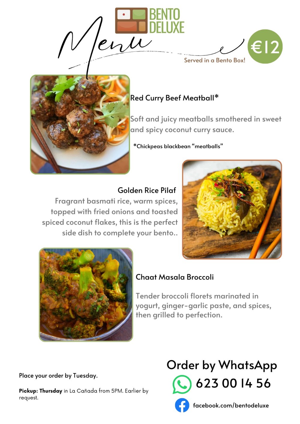 The Bento Deluxe menu card for 12 March 2026, listing Red Curry Beef Meatball, Golden Rice Pilaf and Chaat Masala Broccoli
