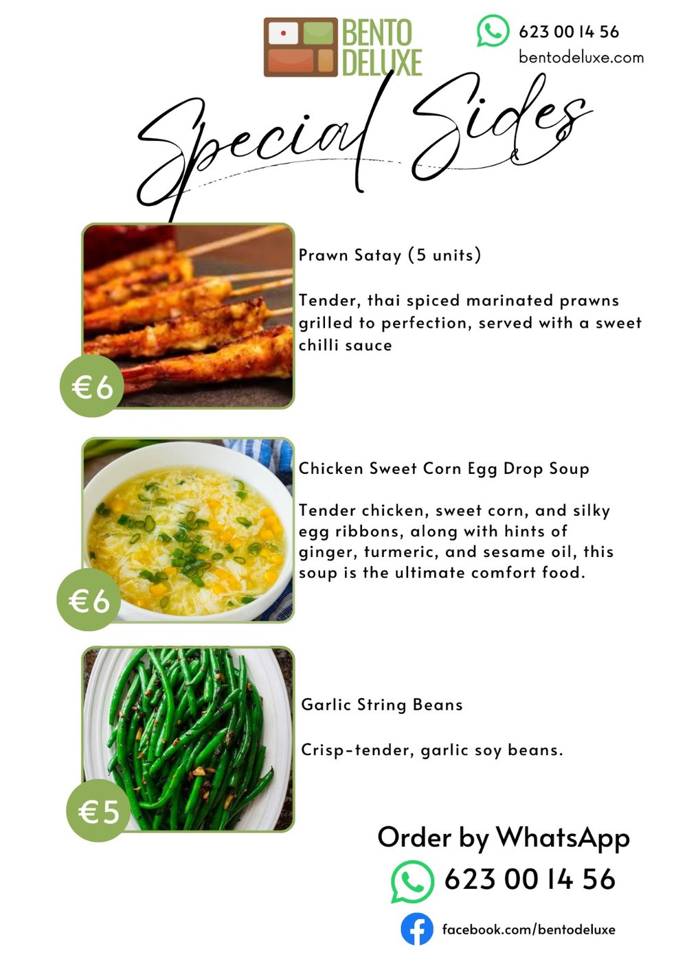 The Bento Deluxe sides card for 19 March 2026, listing Prawn Satay, Chicken Sweet Corn Egg Drop Soup and Garlic String Beans