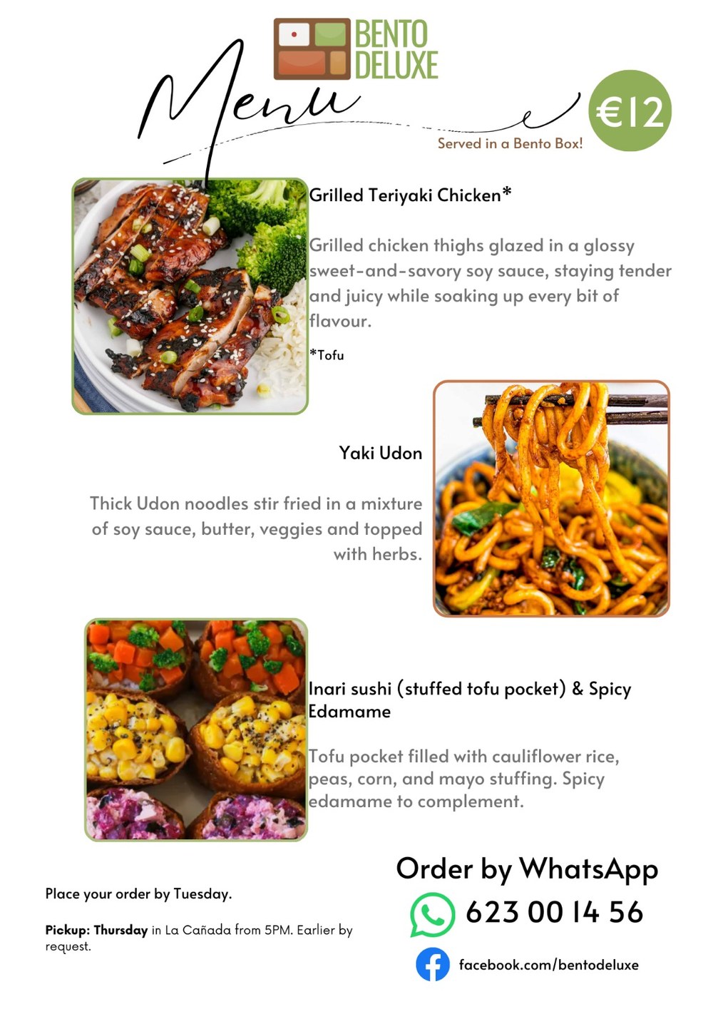 The Bento Deluxe menu card for 19 March 2026, listing Grilled Teriyaki Chicken, Yaki Udon and Inari Sushi and Spicy Edamame