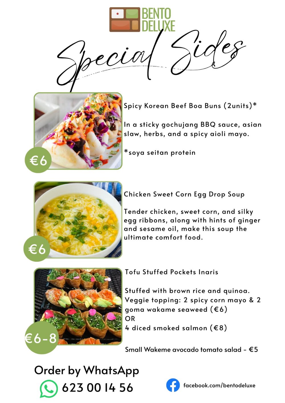 The Bento Deluxe sides card for 26 March 2026, listing Spicy Korean Beef Bao Buns, Chicken Sweet Corn Egg Drop Soup, Tofu Stuffed Inari Pockets and Wakame, Avocado and Tomato Salad