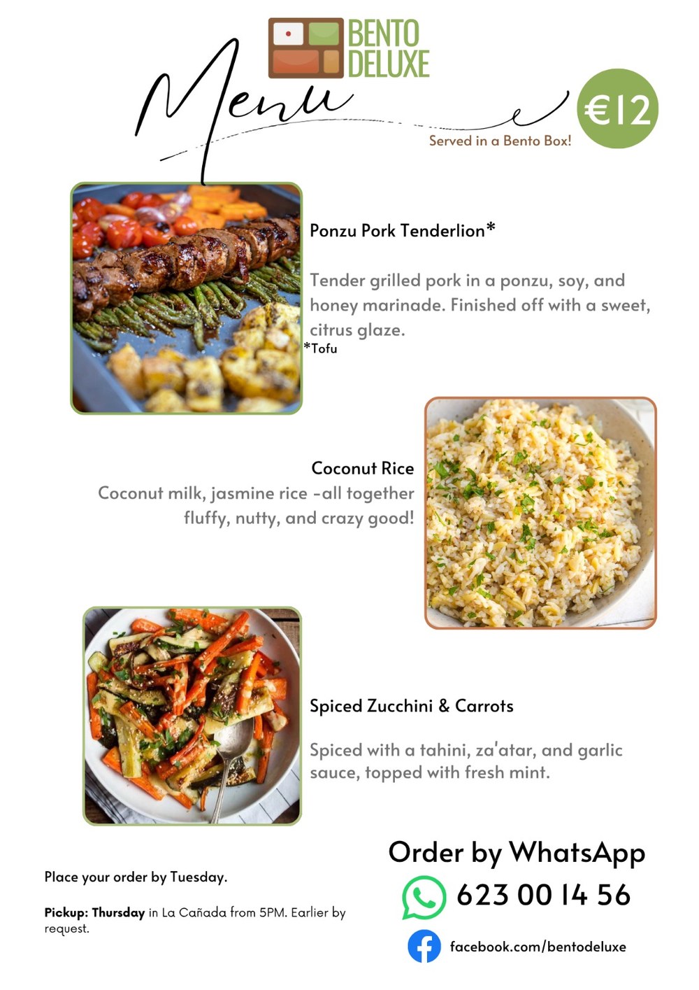 The Bento Deluxe menu card for 26 March 2026, listing Ponzu Pork Tenderloin, Coconut Rice and Spiced Zucchini and Carrots