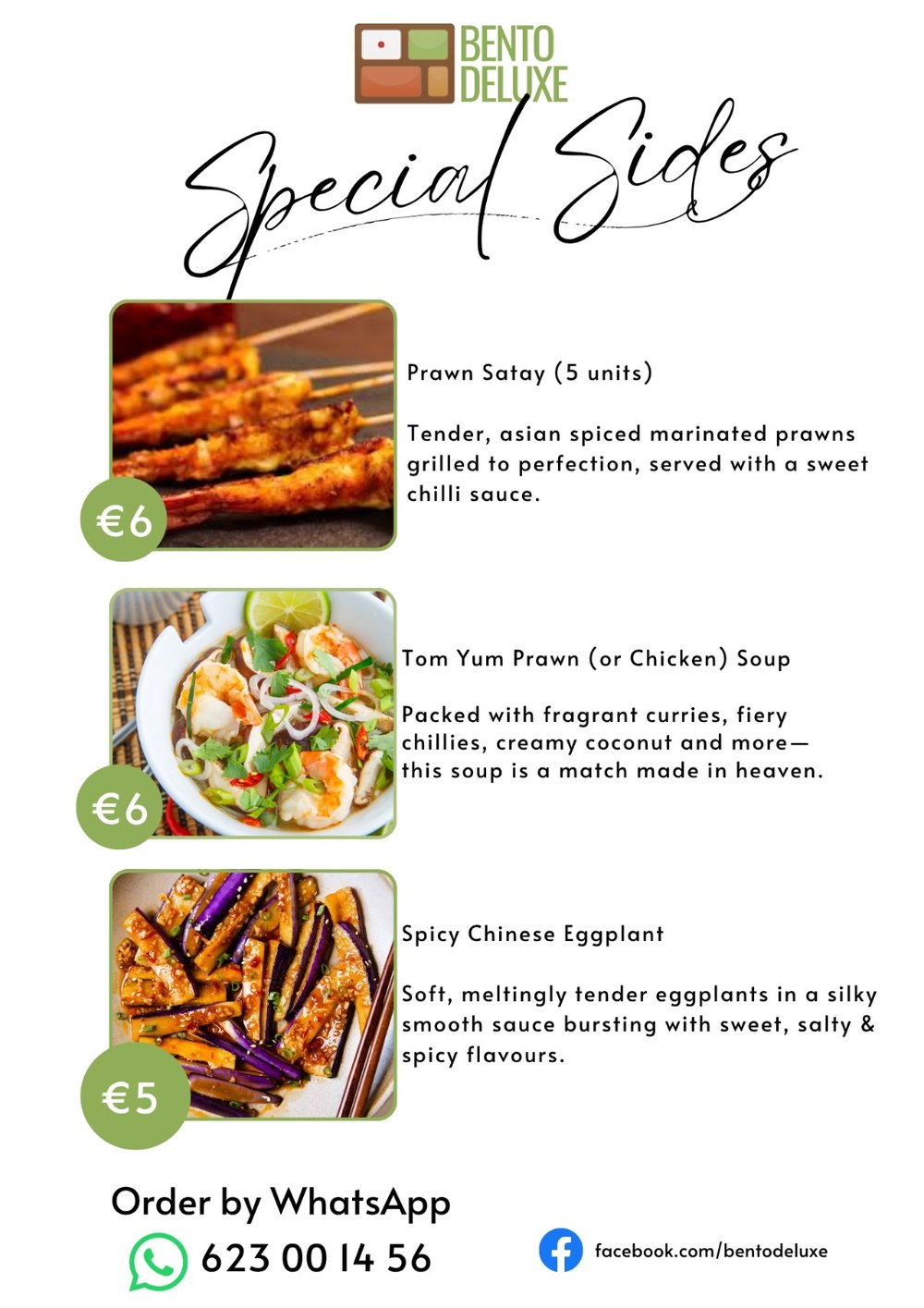 The Bento Deluxe sides card for 2 April 2026, listing Prawn Satay, Tom Yum Prawn or Chicken Soup and Spicy Chinese Eggplant