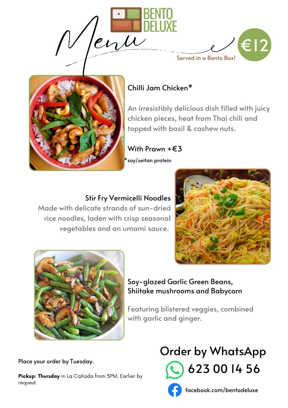 The Bento Deluxe menu card for 2 April 2026, listing Chilli Jam Chicken, Stir-Fry Vermicelli Noodles and Soy-Glazed Greens