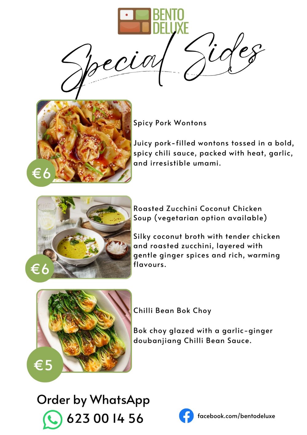 The Bento Deluxe sides card for 9 April 2026, listing Spicy Pork Wontons, Roasted Zucchini Coconut Chicken Soup and Chilli Bean Bok Choy