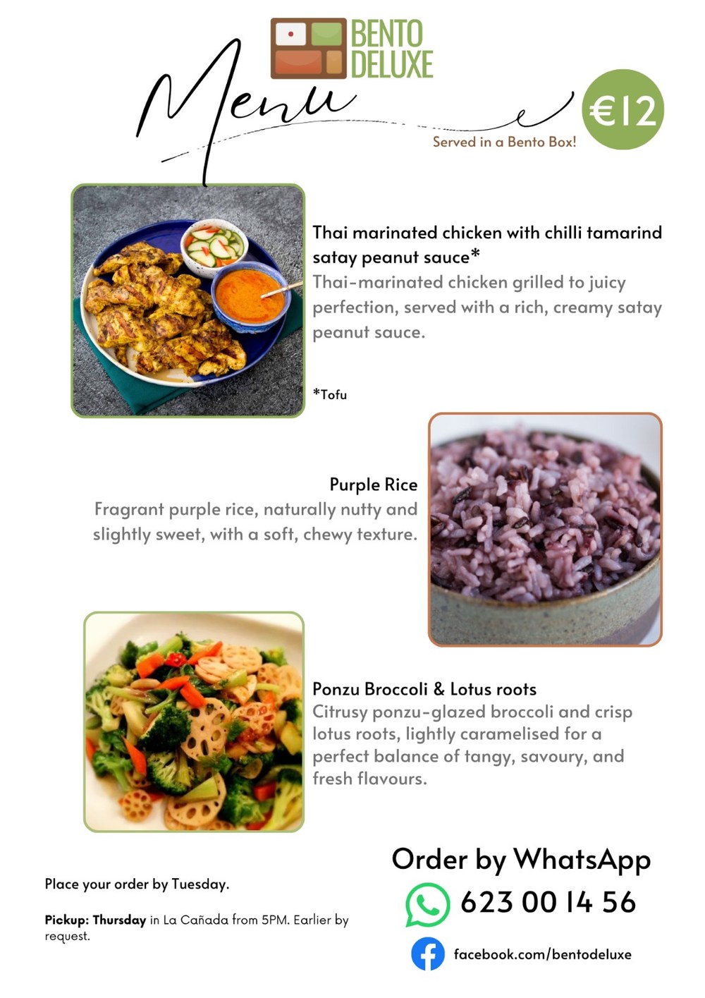 The Bento Deluxe menu card for 9 April 2026, listing Thai Marinated Chicken, Purple Rice and Ponzu Broccoli and Lotus Root