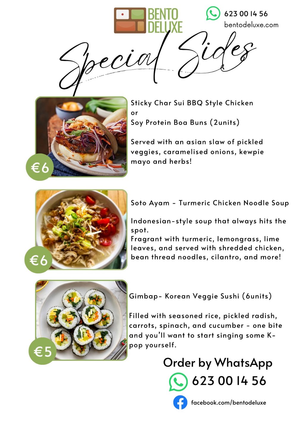The Bento Deluxe sides card for 16 April 2026, listing Sticky Char Siu BBQ Bao Buns, Soto Ayam and Gimbap
