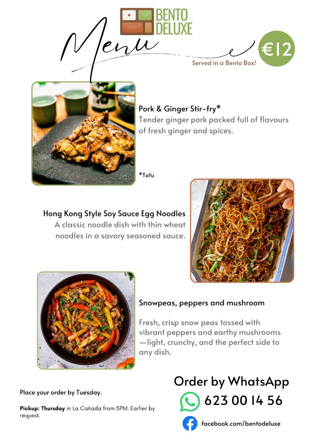 The Bento Deluxe menu card for 16 April 2026, listing Pork and Ginger Stir-Fry, Soy Sauce Egg Noodles and Snow Peas, Peppers and Mushrooms