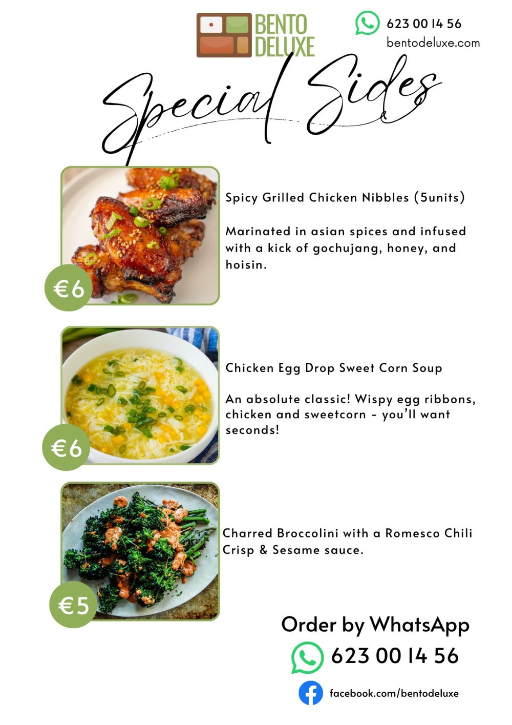 The Bento Deluxe sides card for 23 April 2026, listing Spicy Grilled Chicken Nibbles, Chicken Egg Drop Sweet Corn Soup and Charred Broccolini
